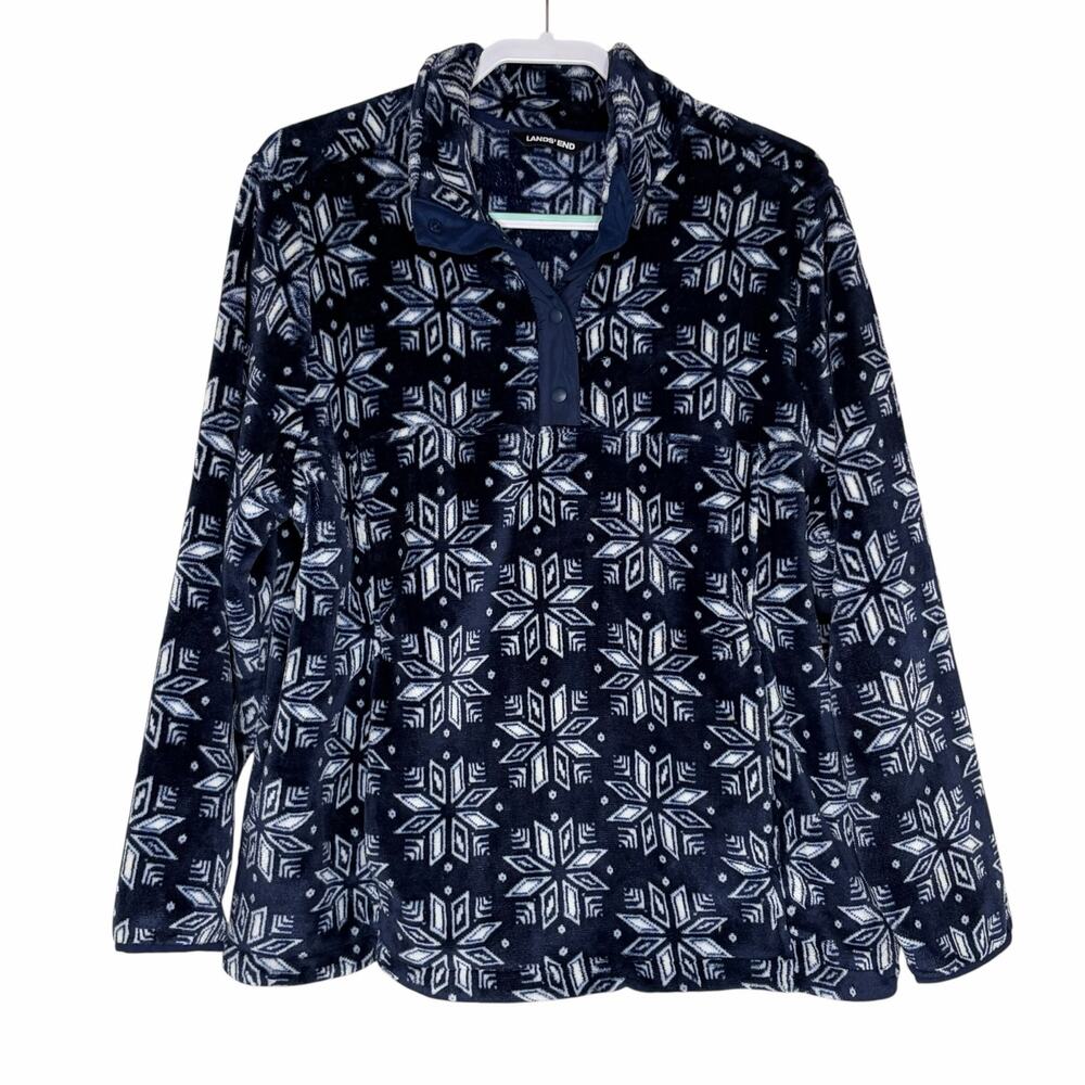 Lands End Heritage Fleece Size 1X Pullover Pockets Navy Blue Snowflake 1/4 Snap
